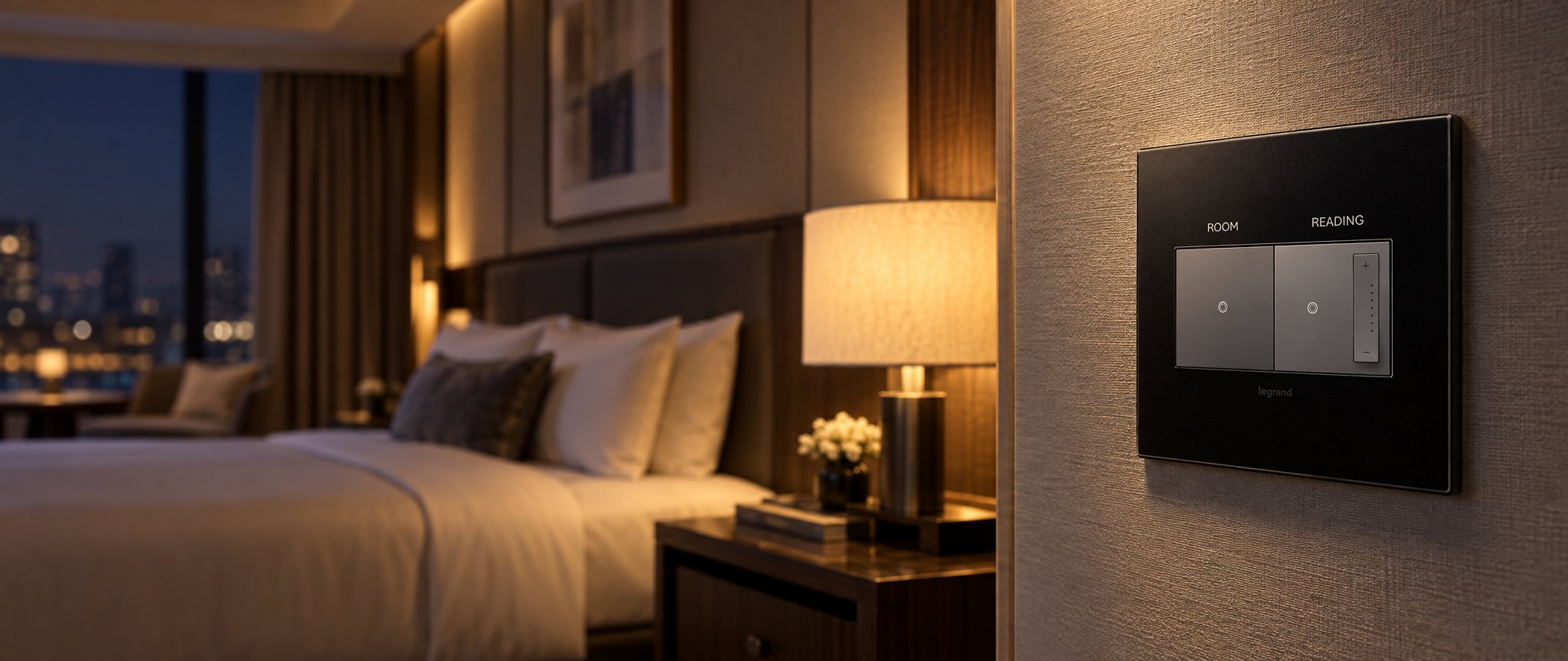 Black two-gang designer plate printed ROOM and READING beside a hotel bed at night