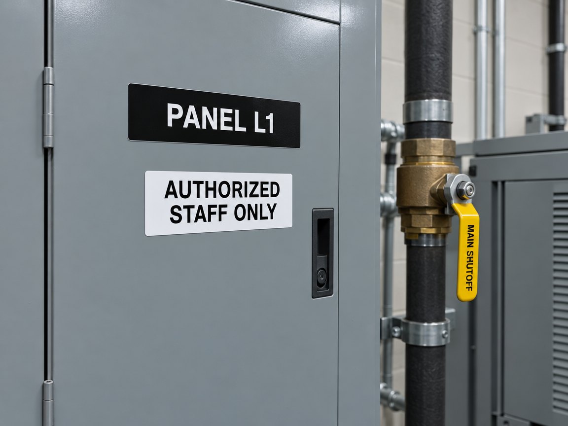 Printed labels on an electrical panel reading PANEL L1 and AUTHORIZED STAFF ONLY