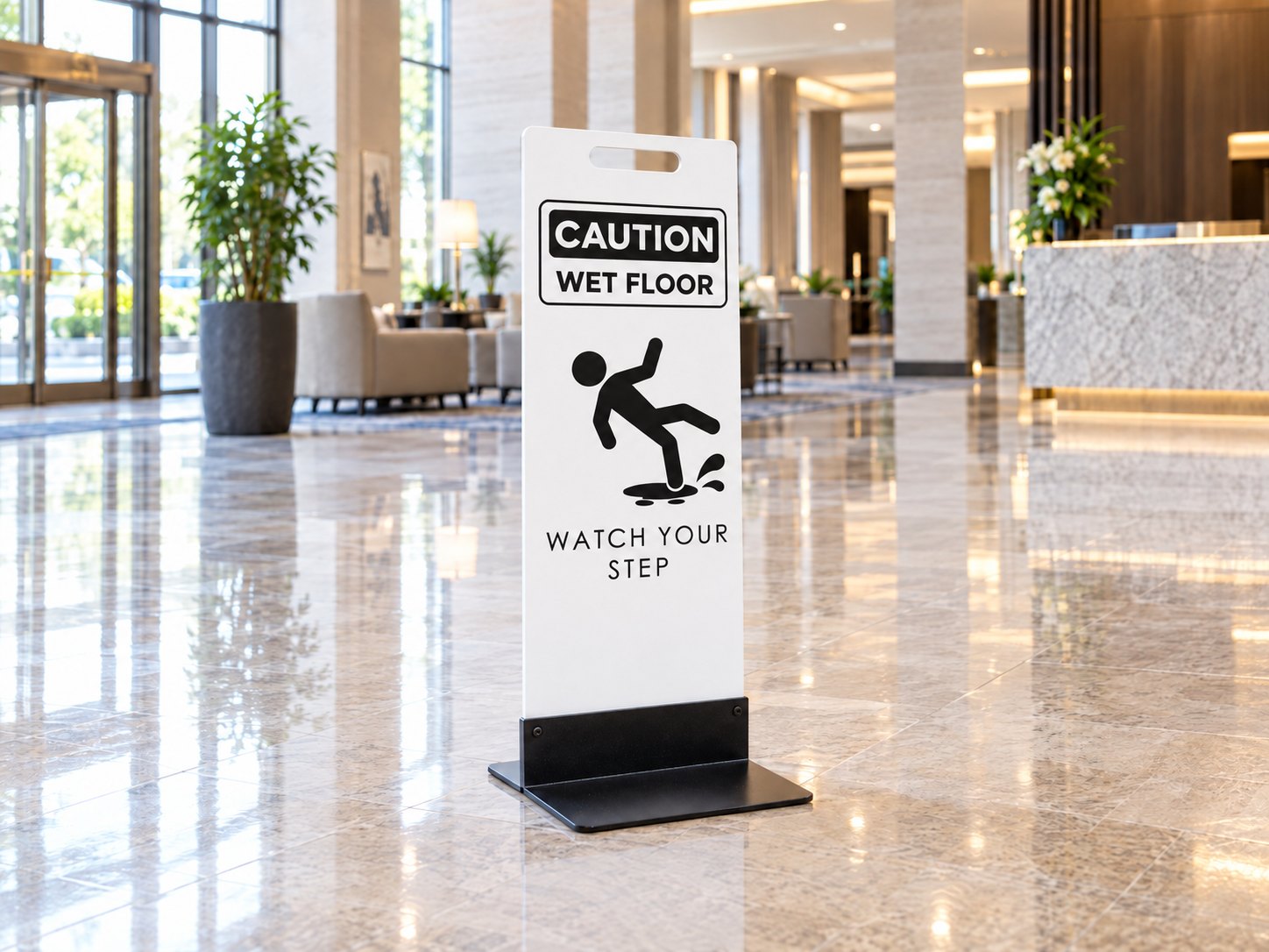 White wet floor sign on a black metal base in a hotel lobby